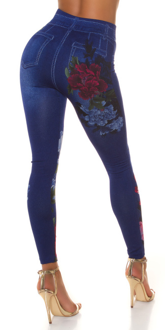hoge taille leggings jeans look met bloemen-print blauw